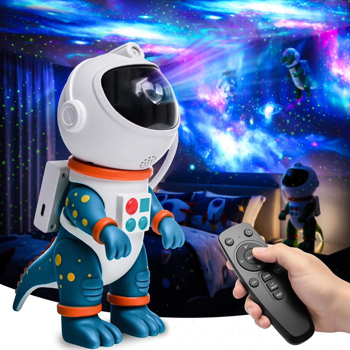 LUCYLANKER Dinosaur Astronaut Galaxy Star Projector Night Light, 8 in 1 LED Space Planetarium Lamp, 360° Rotating with Remote & Timer, Kids Adults Bedroom Decor, Christmas Birthday Gifts (Blue)