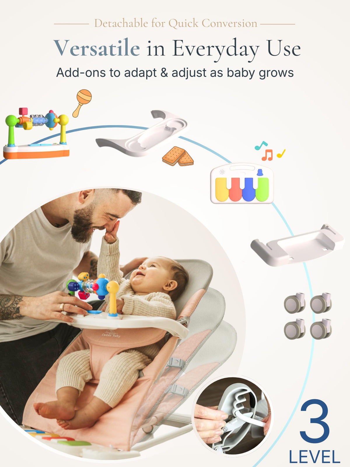 CuddoBaby Baby Bouncer 4-in-1 on Wheels |Detachable Pianos, Feeding Tray| 3-Level Recline Foldable Seat with Play Bar for Infant to Toddler 0-6, 0-12, 12-24 Months, Boy Gift Idea - Blue