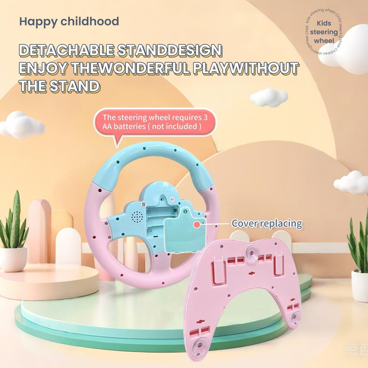 YIYZAOF Kids Steering Wheel Toy for Car Backseat with Light and Music,Suction Cups Base-Interactive Simulated Driving Steering Wheel Toy for Toddlers Boys Girls,Pink