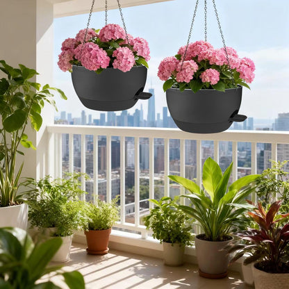 CNLBO 12 Inch Self Watering Hanging Planters 2 Pack, Indoor Outdoor Hanging Pots for Plants with Drainage Holes & Saucers, Black Plastic Hanging Baskets for Kitchen Balcony Garden