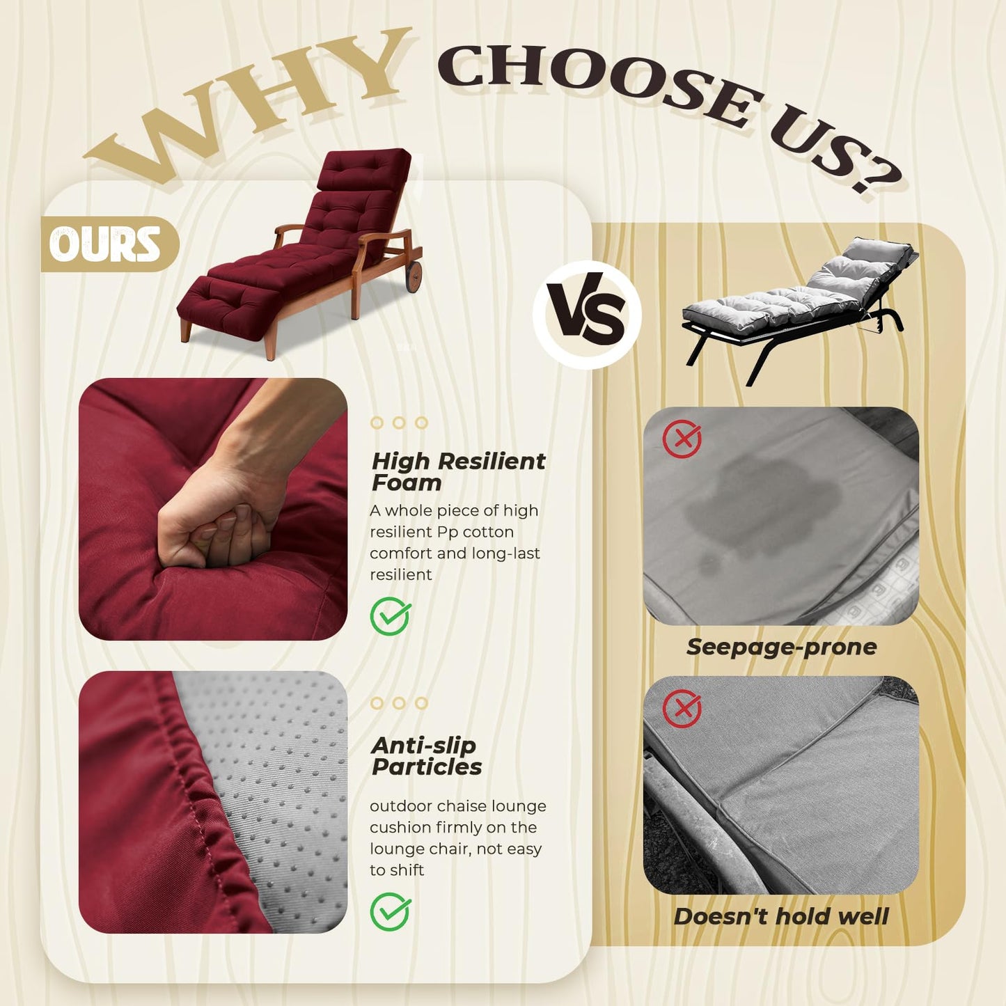PALHMLIY Outdoor Chaise Lounge Cushion Waterproof, 74.4x22x4.7 Inch Oxford Fabric Thickened Patio Lounge Chair Cushion with Ties, Cotton Filled Replacement Cushion for Pool Lawn Balcony Furniture,Red