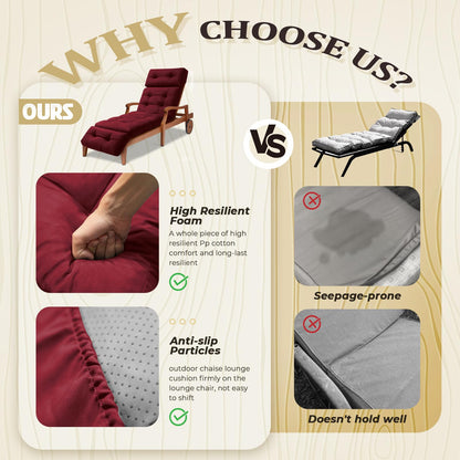 PALHMLIY Outdoor Chaise Lounge Cushion Waterproof, 74.4x22x4.7 Inch Oxford Fabric Thickened Patio Lounge Chair Cushion with Ties, Cotton Filled Replacement Cushion for Pool Lawn Balcony Furniture,Red