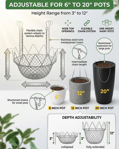 AIANR Adjustable Planter Insert, Stainless Steel Plant Riser with Adjustable Height Range, Fits Most Wide Top Pot Openings, Practical Liner Filler for Home Courtyard and Garden Container(1pc)