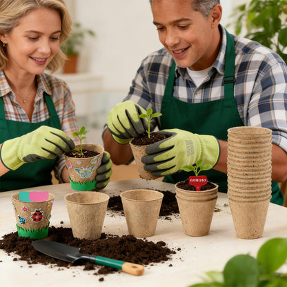 NNG 20 Set Garden Paper Pot Craft Kit,20Pcs Round Paper Mache Pots Peat Plant Pots with 200pcs Adhesive Foam Stickers & 20Pcs Pots Labels,Flower Plant Spring Craft for DIY Flower Planting