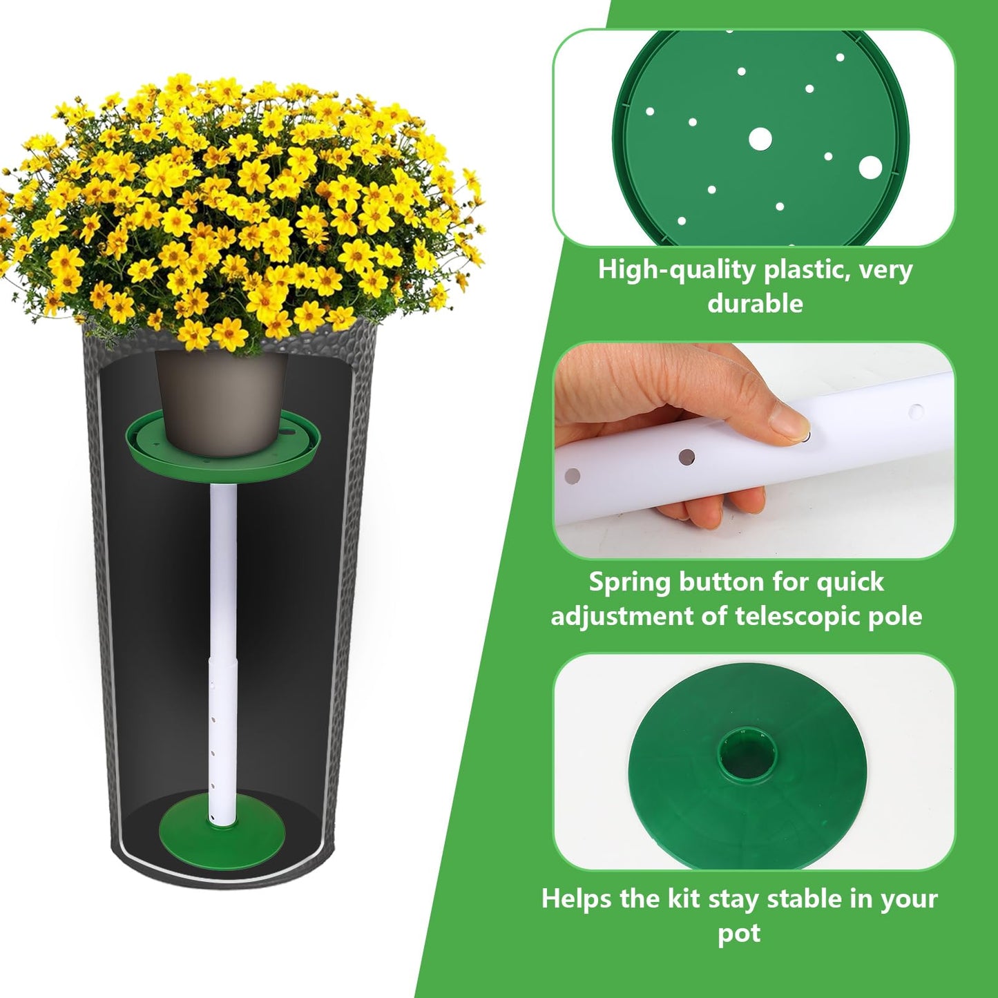 2 Pack Plant Riser Inserts for Large Pots, 8 in/10 in Interchangeable Sturdy Planter Inserts & 21 - 33 in Adjustable Height Lifters Planter Filler for Indoor & Outdoor Various Shapes Pots（Green）