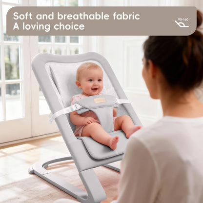 Baby Bouncer for Newborns 0-12 Months: 0-5 Years Portable Infant Seat with Soft Grey Fabric, Adjustable Recline & 3-Point Harness, Supports Up to 60 lbs