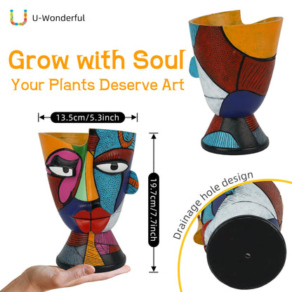 U WONDERFUL Abstract Face Planters Pots Head 7.8 Inch with Drainage - Decorative Plant Pots Retro Rainbow Design, Cute Unique Planter for Succulents/Snake Plants/Cactus Indoor & Outdoor