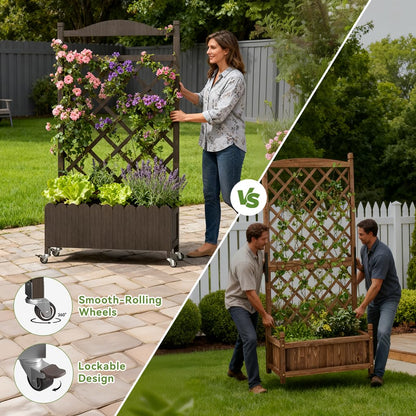 COMHOMA 2 Pack Raised Garden Bed with Trellis and Wheels,48Inch Elevated Planter Box with Drainage Holes,Lattice Privacy Screen for Climbing Plants Vegetables,Outdoor for Patio Balcony Yard,Brown