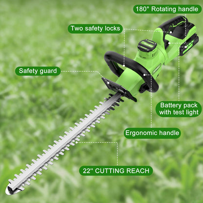 22'' Hedge Trimmer Cordless with Battery 2×2.0Ah, SOARFLY 3000RPM 180° Rotatable Handle Electric Hedge Trimmer, Dual Safety Lock 20V Powerful Bush Trimmers Tree Trimmer for Garden Lawn Yard Pruning