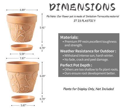 Melphoe Plant Pots Indoor with Drainage & Saucer, 2Pack 7/8 inch Flower Pots Outdoor Planters for Indoor Plants Garden Home Decor Cactus Succulent, Rigid Plastic (Imitation-Terracotta) Vine-Embossed