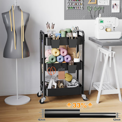 3 Tier Rolling Cart Metal with Wheels, Black Three Tiered Art Cart Organizer on Wheels, Storage Utility Trolley Carts for Kithcen, Craft, Nail, Lash, Makeup, Salon,Bedside, Bathroom, Office, Snack