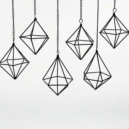 PUDAPU 6 Pack Hanging Metal Air Plant Holders with Chain, Black Geometric Tillandsia Air Plant Hanger Cages, 2 Styles Mini Iron Air Plants Live Holders for Home Office Garden Decor