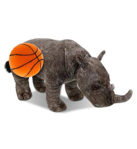 DolliBu Wild Collection Rhino Stuffed Animal with Basketball Plush - Huggable Rhinoceros, Fun Playtime Plush Toy, Cute Wildlife Gift, Personalized Doll Animal Toy for Kids and Adults - 15 Inches