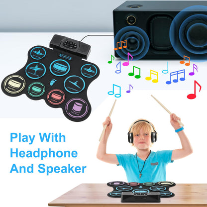 Electric Drum Set, 9 Pads Kids Drum Set, Roll-up Practice Drum Pad with Headphone, MIDI, Built-in Dual Stereo Speakers Drum Sticks Foot Pedals 10 Hours Playtime (9 pad Dual Stereo Speakers)