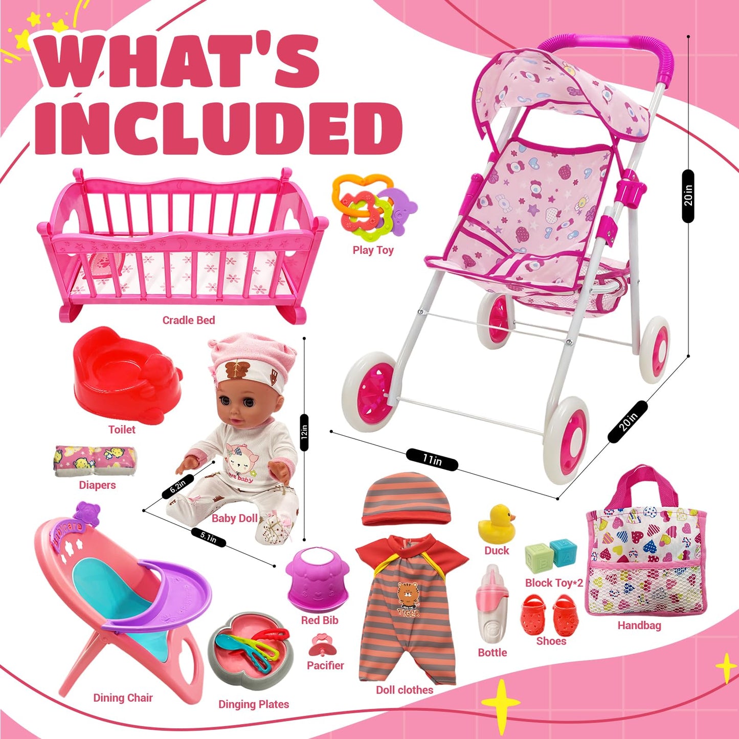 Baby Doll Toys Set with Stroller, Crib, Dining Chair, Realistic Doll Accessories for Kids Pretend Play, Dolls Care Toys Playset for Girls Toddler Ages 3 4 5 6