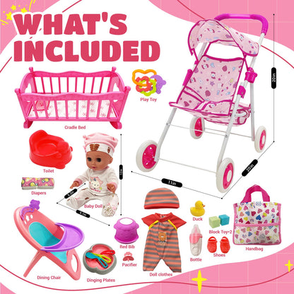 Baby Doll Toys Set with Stroller, Crib, Dining Chair, Realistic Doll Accessories for Kids Pretend Play, Dolls Care Toys Playset for Girls Toddler Ages 3 4 5 6