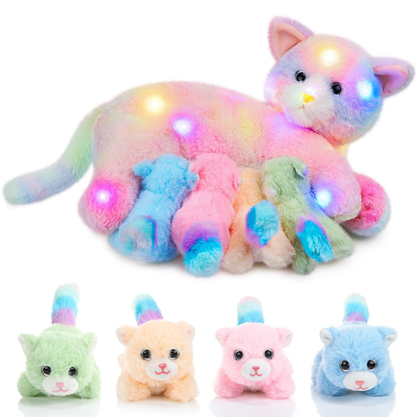 Skylety Nurturing Cat Stuffed Animal with 4 Plush Kittens, Cats Baby Stuffed for Girls Boys Plushy Mommy Kitty with Baby Kittens for Birthday Party Favors Gifts(LED Style)