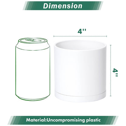 D'vine Dev 2 Pack 4 Inch Modern Plastic Plant Pots, Small Garden Planters for Plant with Drainage Holes and Saucers, White Color, 74-Z-E-1
