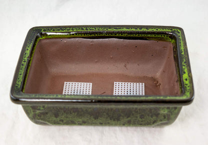 8" Rectangular Moss Green Glazed Bonsai Pot, Cactus & Succulent Planter + Tray + Rock + Mesh Combo