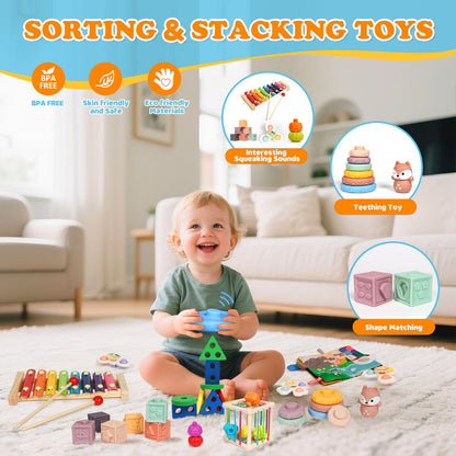 VuvuVoda Montessori Baby Toys for Toddlers 1-3, 7-in-1 Educational Activity Toy Set with Soft Cloth Book, Stacking Blocks & Learning Toys, Birthday Gifts for Boys Girls