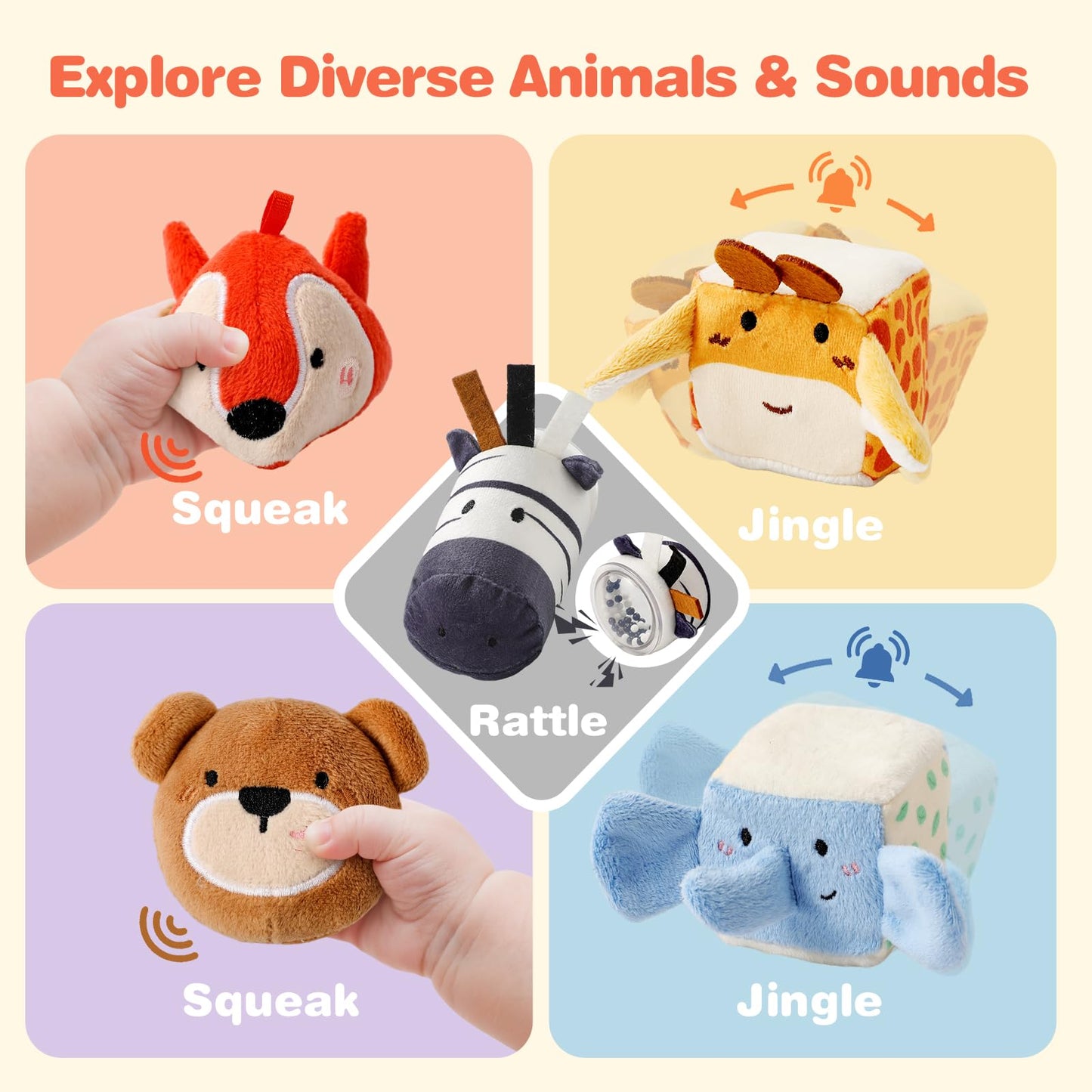 Youuys Baby Toys 6-12 Months Toys （ Montessori Toys Baby Tissue Box Sensory Toys & Jungle Soft Stuffed Animal Set with Rattle） - Toddlers Sensory Montessori Toy for 6 12 18 Months