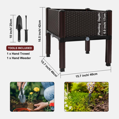 MAYOLIAH Raised Garden Bed with Drainage Elevated Planter Box Plastic Raised Beds for Gardening Vegetables Herb Flowers, Perfect for Indoor Outdoor Planting, 2 Boxes Brown