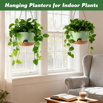 WUCEIAUU 3-Piece Set of 10-Inch Hanging Planters with Automatic Watering System and Drip Tray, Includes Metal Chain, Suitable for Various Indoor and Outdoor Plants and Flowers, Green Brown