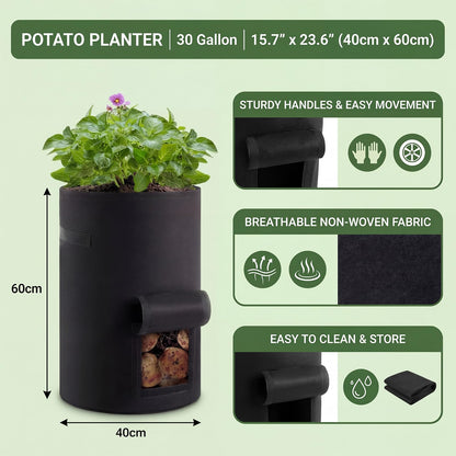 Yoojahow 2 Pack 30 Gallon Potato Grow Bags with Harvest Window, Durable Garden Planter Bags with Handles for Potatoes, Tomatoes, and Vegetables - Indoor & Outdoor Gardening Supplies (Black)