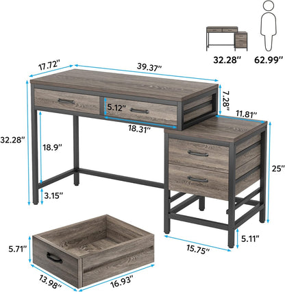Tribesigns Computer Desk with 5 Drawers, Home Office Desks with Reversible Drawer Cabinet Printer Stand, Industrial PC Desk with Storage, Grey Study Writing Table Workstation for Small Spaces