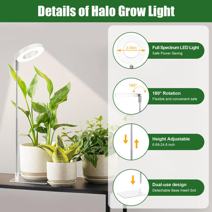 White Grow Lights for Indoor Plants Full Spectrum, 48 LEDs Plant Light for Indoor Plants, Height Adjustable, Small Halo Growing Lamp with Base, Auto Timer 3/9/12H, 3 Light Spectrums,10 Brightness