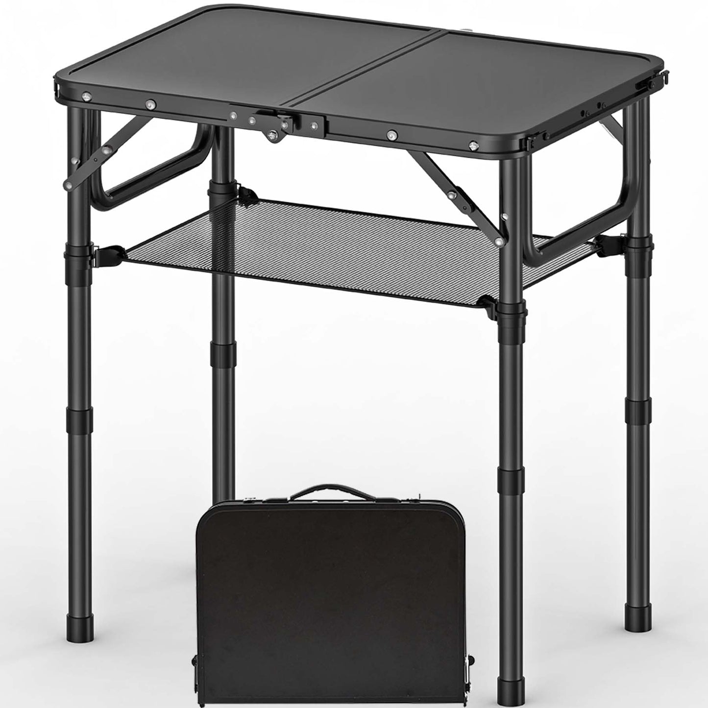 YihuiKo Folding Picnic Table with Storage Net, Matte Black Aluminum Folding Table 23.6" x 15.8", Adjustable Height Max 27.5", Lightweight Portable for Camping Travel Grill Indoor
