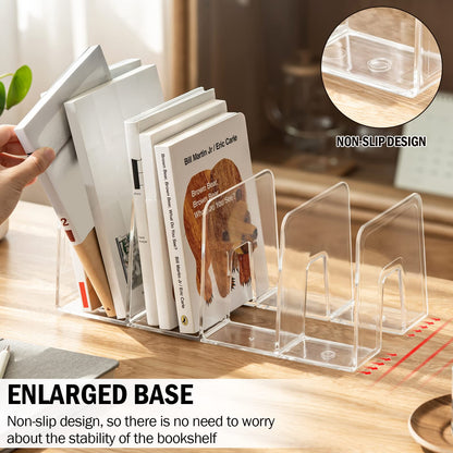 Lunmore Clear Desktop Book Organizer, Creative Book Stand, Divider Bookshelf for Home School and Office, Non-Acrylic Stand Bookshelves (4 Sections), Transparent, Pack of 2