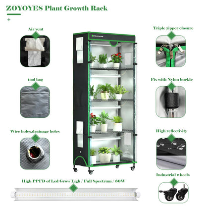ZOYOYES Indoor Greenhouse with Grow Light, 35.8" W x 17.8" D x 71.8" H, 5-Tier Plant Shelf with 3-Color T8 Growth Lights, Plant Stand with Smart Timing Plug and thermohygrometer