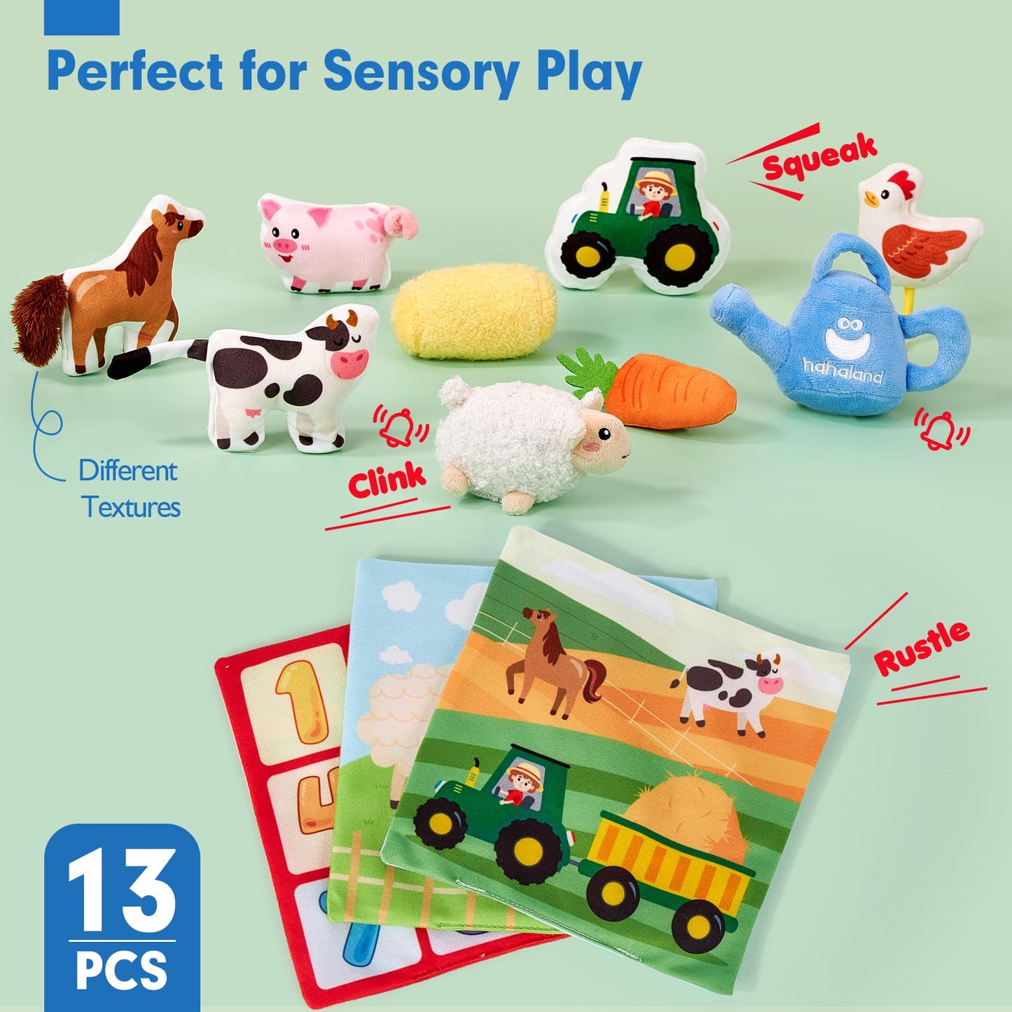 hahaland Baby Toys 6-12 Months - Mystery Soft Box with 12 Sensory Farm Animals Plush, Whats Inside Box with Rattle, Crinkle, Squeaker, Mirror, Montessori Toys for 6 Month Old Easter Basket Stuffers