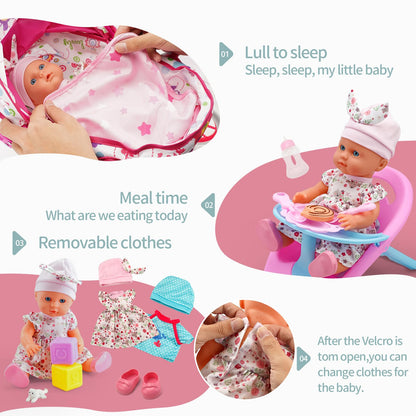 Baby Doll Stroller Toys Set W/ 13'' Baby Doll, Doll's Bed, Dining Chair, 26 PCS Doll Accessories & 2 Set Clothes, Baby Stroller Toys for 3 4 5 Year Old Girl Birthday Gift, Pretend Playset for Toddler