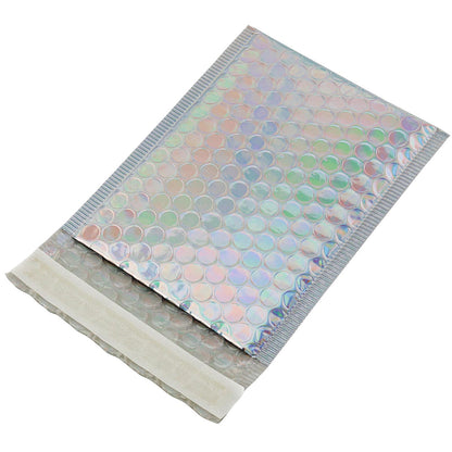 HOIGON 100 PCS 5 x 6 Inch Silver Metallic Bubble Mailers, Foil Glitter Poly Padded Mailing Cushion Envelopes, Holographic Self Seal Adhesive Shipping Bags for Mailing, Packing