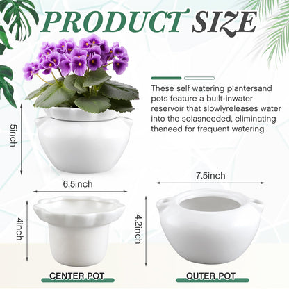 Sunnychicc 1 Set 7.5 Inches African Violet Pots Self Watering White Ceramic Pot for Indoor Plants, Flowerpot with Highly Absorbent Inner Pot for Busy Plant Lovers, Plant Care