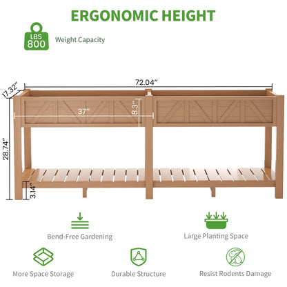 HIPS Elevated Raised Garden Bed with Legs,72"L x 17.3"W x 28.7"H Large Outdoor Planter Box with Storage Rack,All-Weather Raised Bed Planters with 6 Hooks & 2 Non-Woven Liner for Vegetables Flower Herb