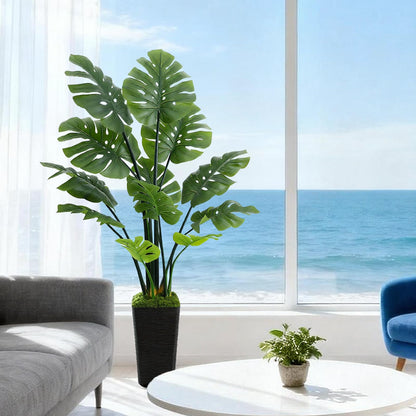 UPBUD Artificial Monstera Deliciosa Plant, 5FT Fake Monstera Tree with 12 Lifelike Leaves & Black Pot, 60in Tall Faux Floor Trees Fake Plants for Indoor Office Porch Living Room Windowsill Decor