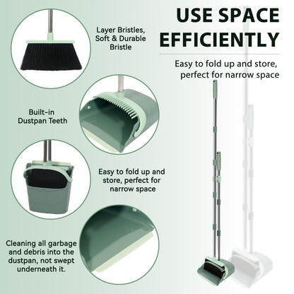 YZO Broom and Dustpan Set, 54.33 Inch Long Handle Standing Design, Dustpan Front Rubber Tight Seal, Broom with 5 Layer Bristles, Suitable for Living Room, Bedroom, Yard, Office and Apartment(Green)