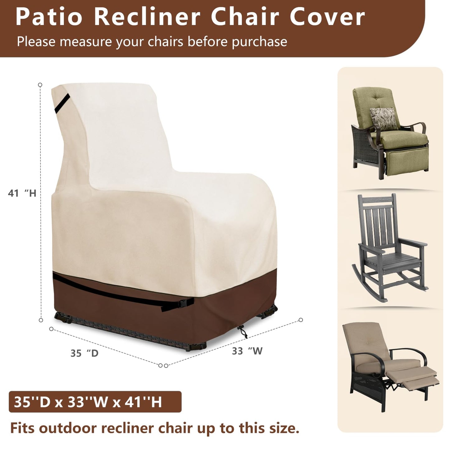 Youkaver Outdoor Recliner Chair Covers,Patio Swivel Chair Covers,600D Heavy Duty Waterproof Patio Rocking Chairs Cover,Outdoor Furniture Covers for All Weather Protection.Beige & Brown