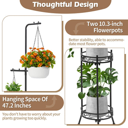 CZWL&HG Hanging Plant Stand Adjustable 2-Tier 72" Metal Shelf -Tall Indoor/Outdoor Plant Rack with Hangers for 4 Potted Flowers, Corner Shelf for Living Room & Patio (Gold)