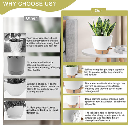 WEICHENGXING Plant Pots,12/10/9/8/ Inch Large Plastic Self Watering Flower Pots Indoor Outdoor with Drainage Holes, Deep Reservoir,Nursery Planting Pot for Indoor Out Door Plants White