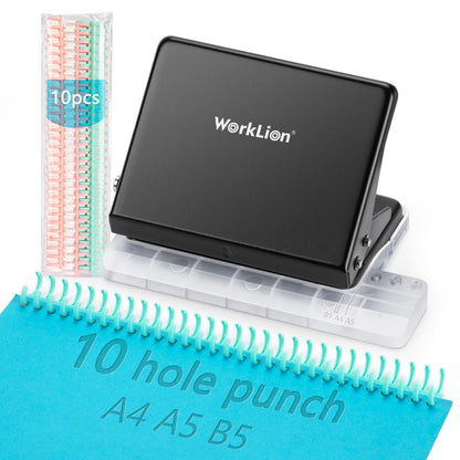 Binding Machine for Planner： WORKLION Metal 10 Hole Punch&Multi Color 30 Hole Loose Leaf Binder Rings(10 pcs) for Making 26 Holes on B5 Paper, 30 Holes on A4, 20 Holes on A5 Book, Black