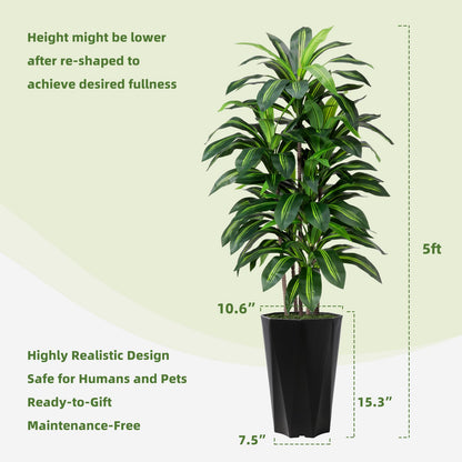 Artificial Dracaena Plant Indoor 5FT Fake Tree with Mocha Diamond Planter Faux Yucca Tall Fake Floor Plant Potted Artificial Trees for Home Office Living Room Decor Indoor