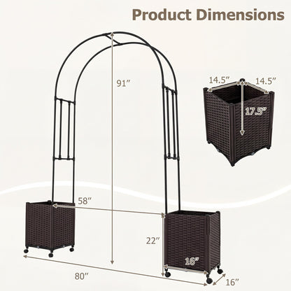 Giantex Metal Garden Arch Trellis Arbor with 2 Self-Watering Planter Boxes, 80" L x 16" W x 91" H PE-Coated Archway with Lockable Rolling Wheels for Climbing Vines, Yard Lawn Party Decorations