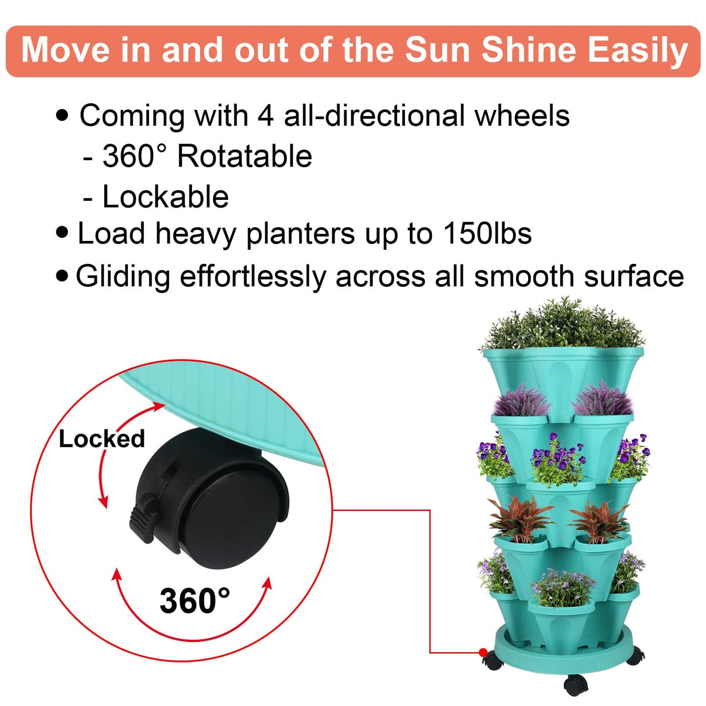 GameXcel Vertical Planter Tower - 5 Tier Stackable Garden Planters with Wheels and Tools Plant Pots for Strawberry Herb Flower and Vegetable Indoor Outdoor Use Teal