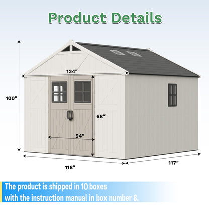 Greesum 10×10FT Plastic Outdoor Storage Shed with Floor and Lockable Door, Resin Sheds with Windows and Skylights, Organization for Garden, Lawn, Backyard, Beige
