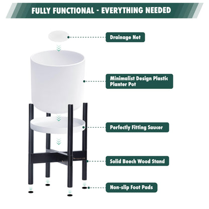 D'vine Dev Planter Pot with Stand - 8 Inch Plastic Cylinder Flower Pot with Wood Planter Holder for Indoor, Matte White Pot + Ebony Stand, 55-C-K-1