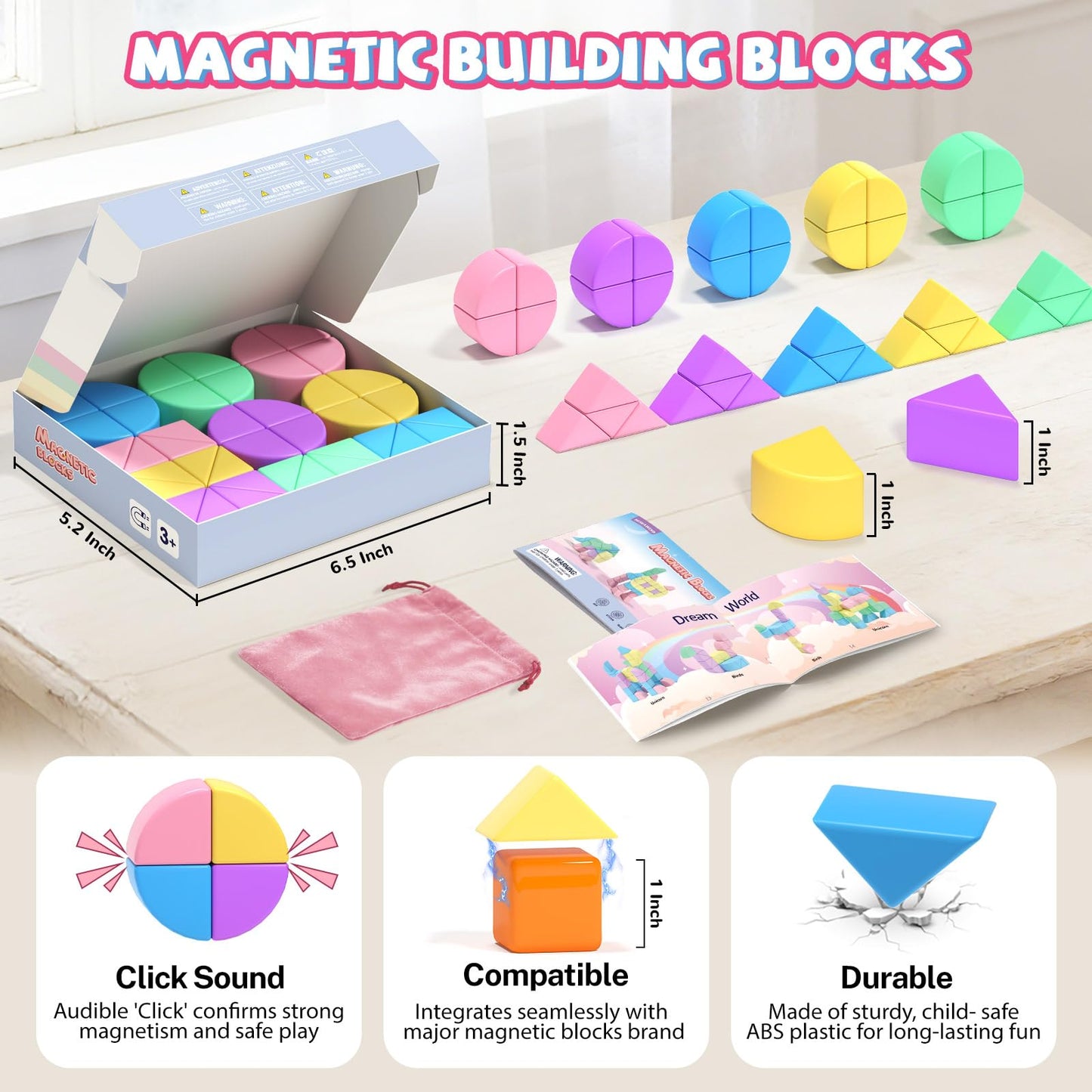 Hiwawind 40Pcs Magnetic Blocks, 1-Inch Soft Rainbow Magnetic Cubes (Triangles & Quarter Circles), Montessori Sensory Autism Toys for Boys & Girls, for Kids Ages 3+